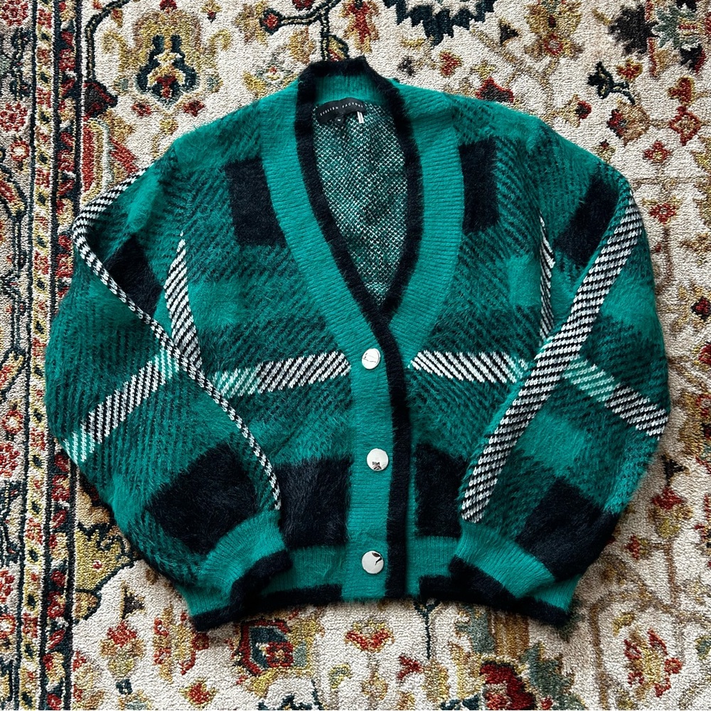 English Factory Color Block Green and Black Fuzzy V Neck Cardigan SZ M